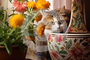 cat hiding behind flower pot, ready to ambush bird