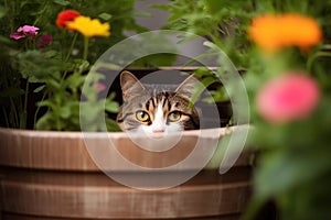 cat hiding behind flower pot, ready to ambush bird