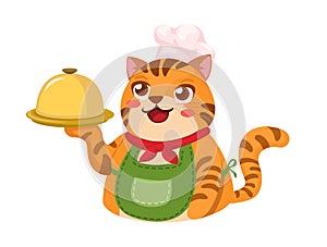 Cat Hold Food Tray Mascot Cartoon illustration Vector