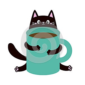 Cat holding blue coffee tea cup. Good morning. Happy Valentines Day. Black kitten. Paws hand. Cute cartoon funny baby animal pet
