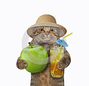 Cat holding green apple and juice