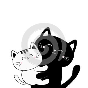 Cat holding kitten. Hugging family. Hug, embrace, cuddle. Cute funny cartoon character. Happy Mothers day. Greeting card. Black