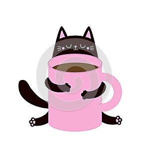 Cat holding pink coffee tea cup. Happy Valentines Day. Black kitten. Good morning. Paws hand. Cute cartoon funny baby animal pet