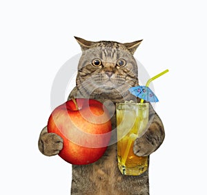 Cat holding red apple and juice