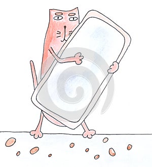 The cat is holding a smartphone. Phone, telephony, communication.Watercolor illustration humorous. Humor, fun design modern