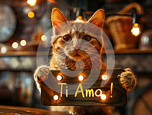 A cat holding up a sign that says ti amo photo