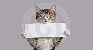 A cat holding a white empty blank sign banner board in its paws