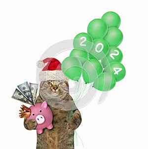 Cat holds piggy bank and balloons 2024