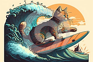 A cat on holiday rides a surfboard, cartoon style. Vacation, sport, surfing, summer time concept