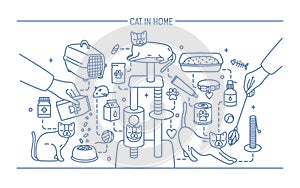 Cat in home contour banner with pet toys, meds and kitty meals. Horizontal outline line art vector illustration.