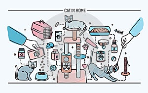 Cat in home horizontal banner with pet toys, meds and kitty meals. Horizontal colorful line art vector illustration.