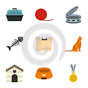 Cat house icons set, cartoon style