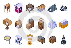 Cat house icons set isometric vector. Tree tower