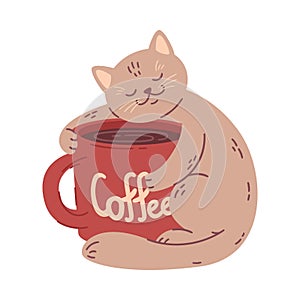 Cat hugs a big coffee cup. Vector illustration for coffee houses. Isolated on white background.