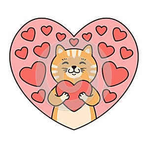 Cat hugs a heart. Greeting cards for Valentines Day, Birthday, Mothers Day. Cartoon animal character vector illustration isolated