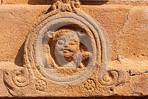 Cat-humann face sculpture in Durga Gudi  Aihole  Karnataka  India