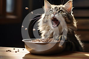 A cat is hungrily eating cat food from a bowl