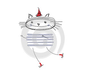 Cat ice skates. Cute striped Cat sketch Isolated on white background. Design concept for children, print, nursery design