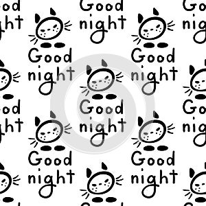 Cat icon and Good Night lettering. Black and white seamless pattern. Vector illustration.