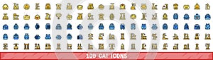 100 cat icons set, color line style