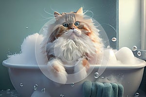 Cat inside a bathtub with foam enjoying a bath. Generative AI