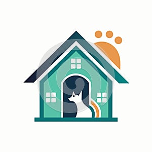 A cat is inside a dog house, A subtle nod to pet sitting with a small house icon, minimalist simple modern vector logo design