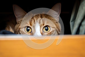 cat inside a moving box peeking out