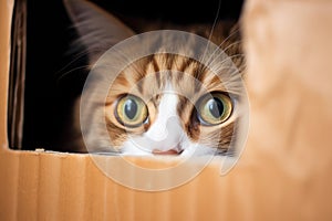 cat inside a moving box peeking out