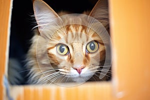 cat inside a moving box peeking out