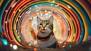 Cat inside a trippy psychedelic neon tunnel surrounded by bright lights at night - Generative AI