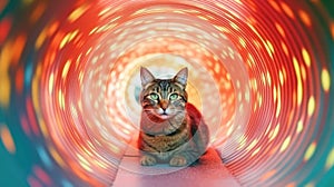 Cat inside a trippy psychedelic neon tunnel surrounded by bright lights at night - Generative AI