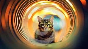 Cat inside a trippy psychedelic neon tunnel surrounded by bright lights at night - Generative AI