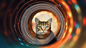 Cat inside a trippy psychedelic neon tunnel surrounded by bright lights at night - Generative AI