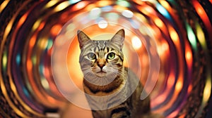 Cat inside a trippy psychedelic neon tunnel surrounded by bright lights at night - Generative AI