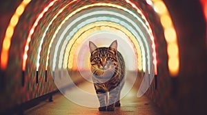 Cat inside a trippy psychedelic neon tunnel surrounded by bright lights at night - Generative AI