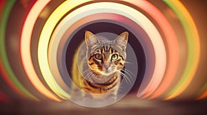 Cat inside a trippy psychedelic neon tunnel surrounded by bright lights at night - Generative AI