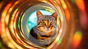 Cat inside a trippy psychedelic neon tunnel surrounded by bright lights at night - Generative AI