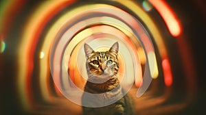 Cat inside a trippy psychedelic neon tunnel surrounded by bright lights at night - Generative AI