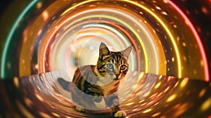 Cat inside a trippy psychedelic neon tunnel surrounded by bright lights at night - Generative AI