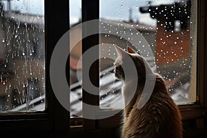 cat inside a warm room, observing a deluge on the rooftop