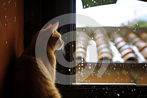 cat inside a warm room, observing a deluge on the rooftop