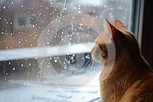 cat inside a warm room, observing a deluge on the rooftop