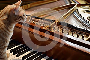 cat intently watching the hammers strike strings inside piano