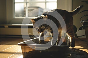 Cat Interacting with Litter Box in Sunlit Room