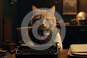 A cat in a jacket sits at a table with a typewriter. AI generative