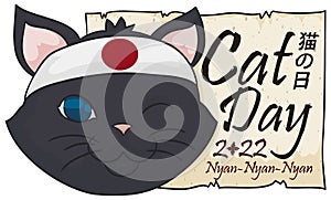 Cat with Japanese Bandana and Greeting Scroll for Cat Day, Vector Illustration