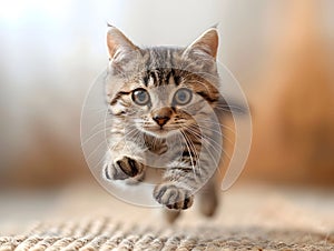 Cat jumping on carpet, small to mediumsized carnivore with fur and whiskers photo