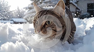 A cat jumping, hunting, and playing in the snow