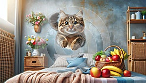 cat jumping mid-air looking at camera