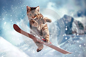 Cat Jumping Skier, Extreme Winter Sport Cats, Freestyle Skiing Kitty in Snow Mountains, Extreme